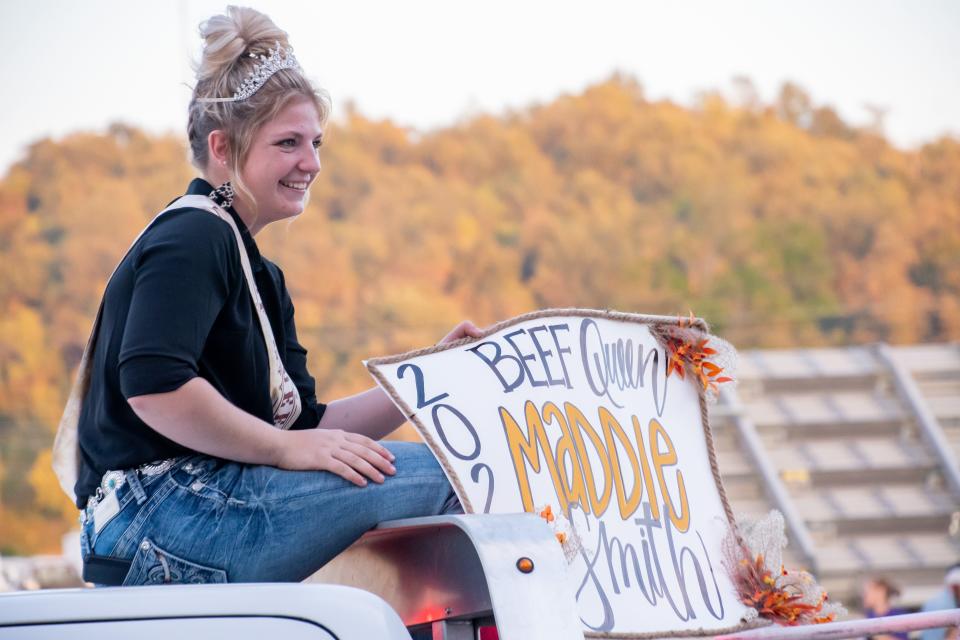 Maddie Smith, the 2023 Beef Queen, rides in the Junior Fair parade at the Guernsey County Fair Monday evening. For more photos visit www.daily-jeff.com.