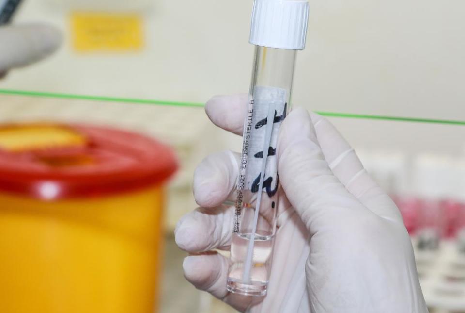 A lab worker holds a test tube before running a PCR test