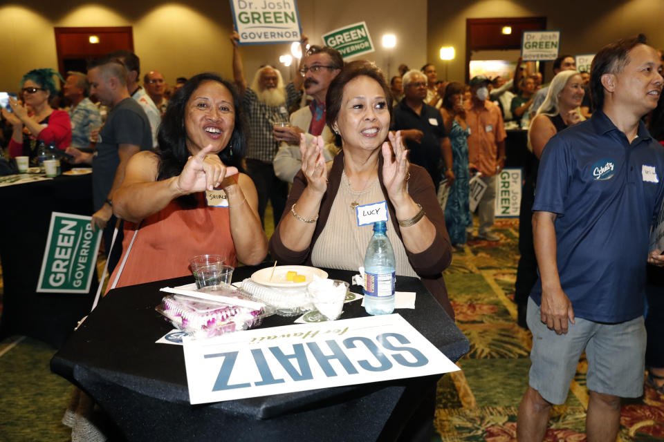 Democratic supporters react to election results at the Democratic Party headquarters, Tuesday, Nov. 8, 2022, in Honolulu. (AP Photo/Marco Garcia)