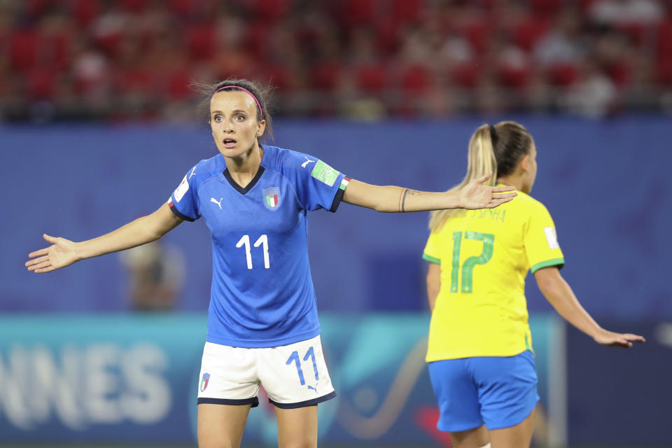 Italy's Barbara Bonansea reacts during the Women's World Cup Group C soccer match between Italy and Brazil at the Stade du Hainaut in Valenciennes, France, Tuesday, June 18, 2019. (AP Photo/Francisco Seco)