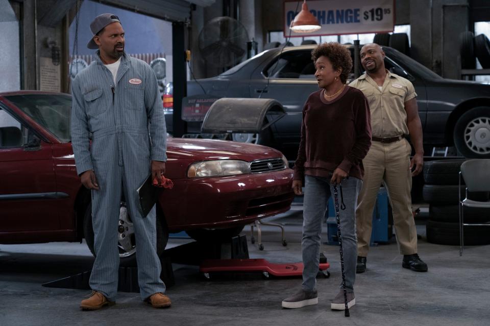 Mike Epps (Bennie), Wanda Sykes (Lucretia) and Brandon Mitchell as (Randy) in a scene from "The Upshaws."