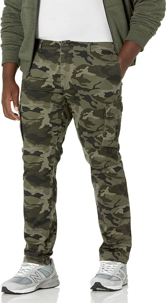 camo pattern amazon essentials straight fit cargo pant worn with a white tee