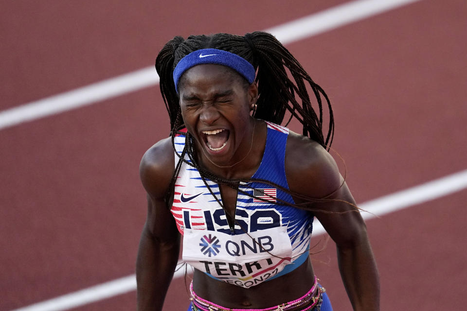 Gold medalist Twanisha Terry, of the United States, celebrates after the final in the women's 4x100-meter relay at the World Athletics Championships on Saturday, July 23, 2022, in Eugene, Ore. (AP Photo/Gregory Bull)