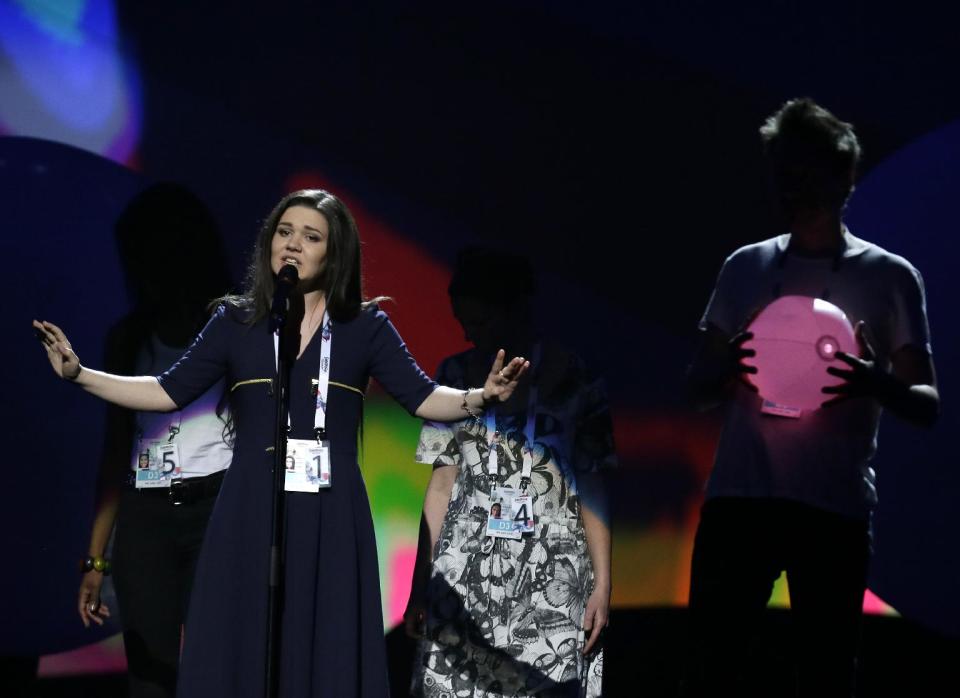 Dina Garipovaof Russia performs her song "What If" during a rehearsal for the final of the Eurovision Song Contest at the Malmo Arena in Malmo, Sweden, Friday, May 17, 2013. The contest is run by European television broadcasters with the event being held in Sweden as they won the competition in 2012, the final will be held in Malmo on May 18. (AP Photo/Alastair Grant)