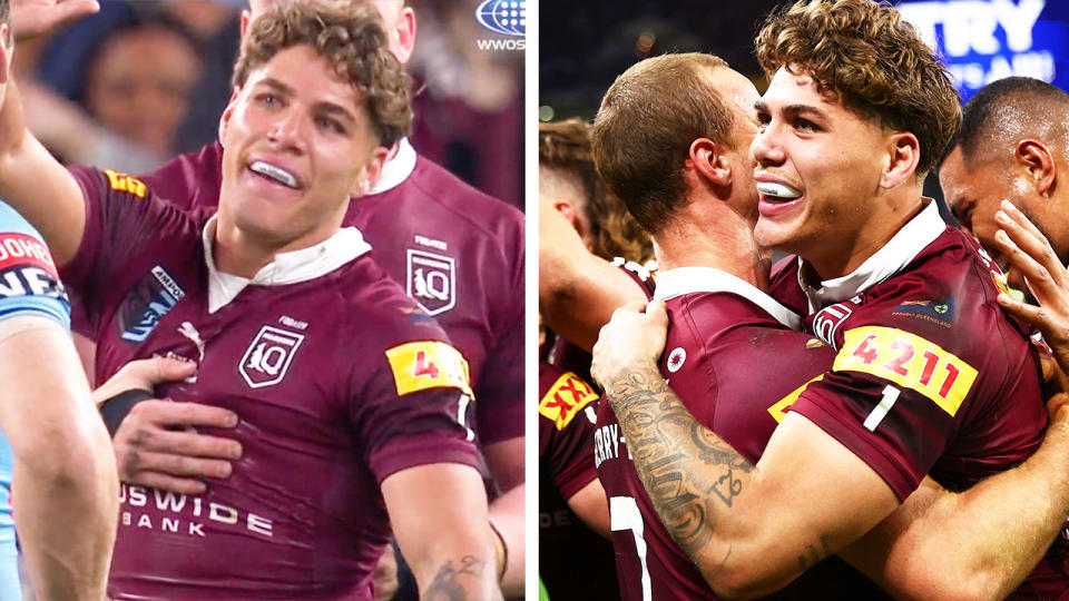 Reece Walsh taunting the Blues and Walsh celebrating with this Maroons teammates in Origin.