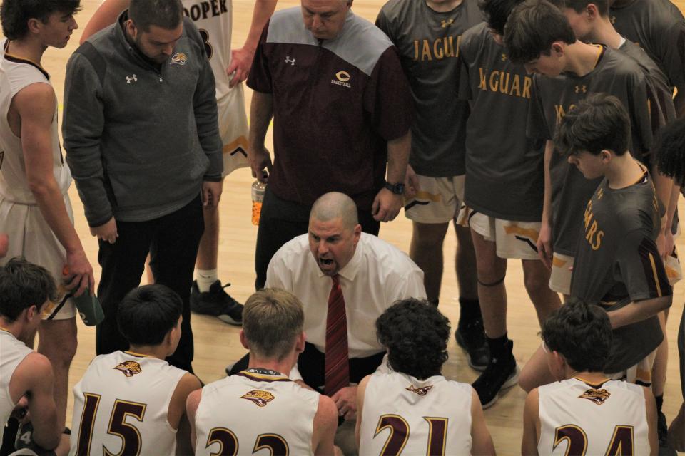 Cooper head coach Tim Sullivan during a time out as Cooper defeated Ryle 52-45  Jan. 21.