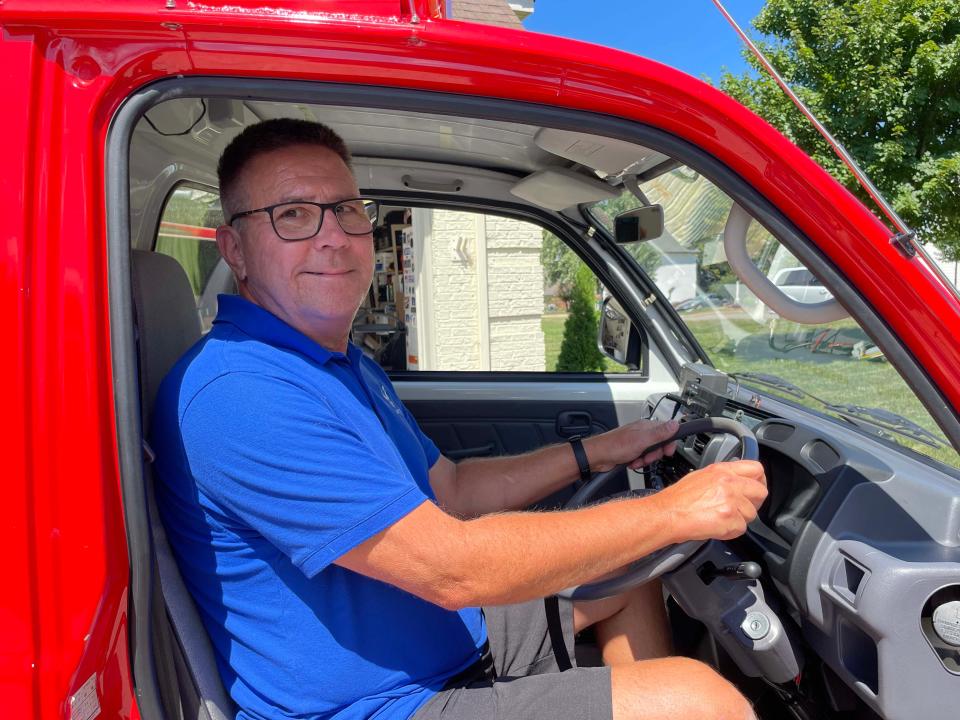 It is a snug fit for Hardin Valley resident Joseph Smith in his 1994 Mitsubishi fire truck.