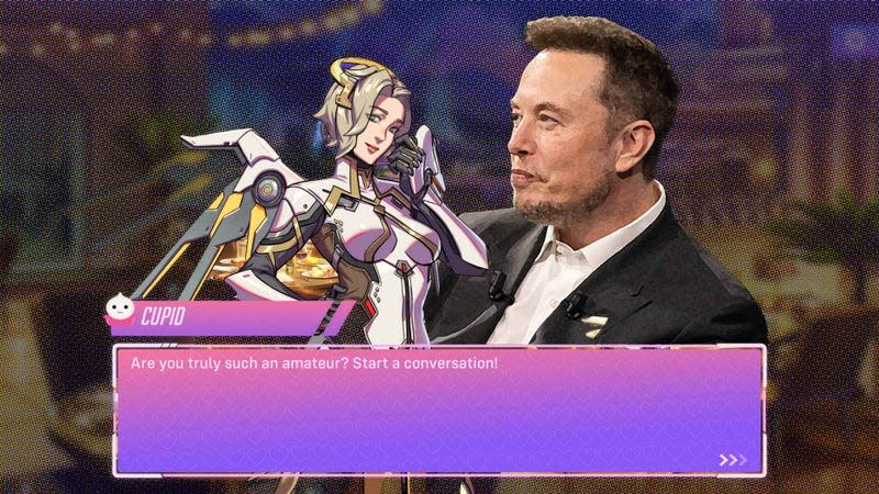 Elon Musk se tient à côté d’une version de simulation de rencontres de Mercy d’Overwatch.