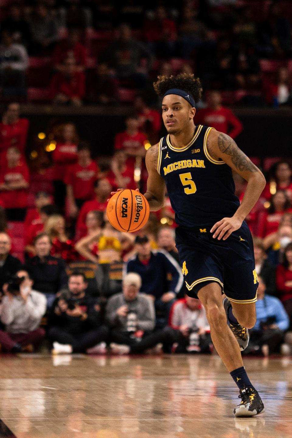 Michigan Wolverines forward Terrance Williams II (5) dribbles up the court during the first half against the Maryland Terrapins at Xfinity Center.