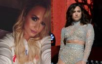 <p>La chanteuse sensuelle a abandonné ses mèches brunes sexy en octobre au profit d’une charmante teinte blonde sur Instagram, mais Demi a retrouvé son style habituel quelques jours plus tard. <em>(Photo : Instagram/Getty/October 2016)</em> </p>