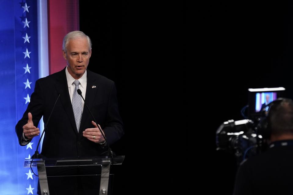 Republican U.S. Senate candidate Ron Johnson speaks during a televised debate Thursday, Oct. 13, 2022, in Milwaukee. (AP Photo/Morry Gash)