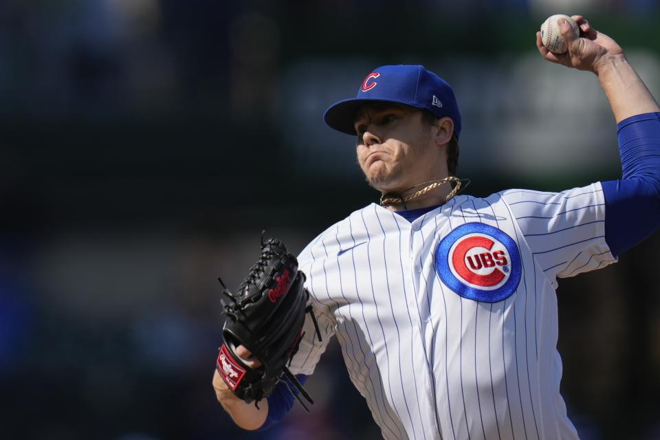 Chicago Cubs starting pitcher Justin Steele throws during the first inning of a baseball game against the Texas Rangers Saturday, April 8, 2023, in Chicago. (AP Photo/Erin Hooley)