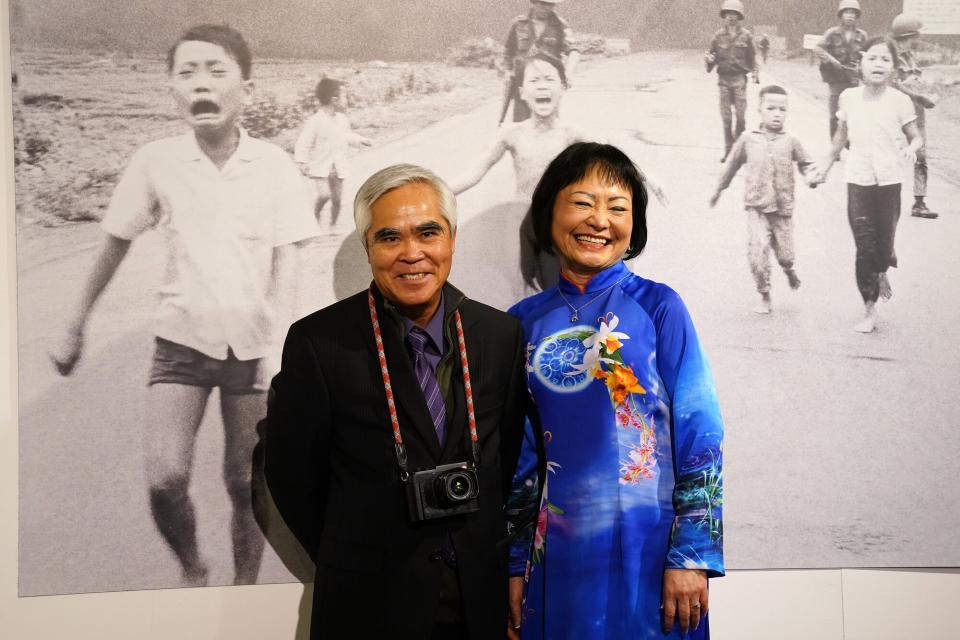 Nick Ut and Kim Phuc attend the Press Preview of the Exhibition "From Hell to Hollywood" at Palazzo Lombardia on May 05, 2022 in Milan, Italy.