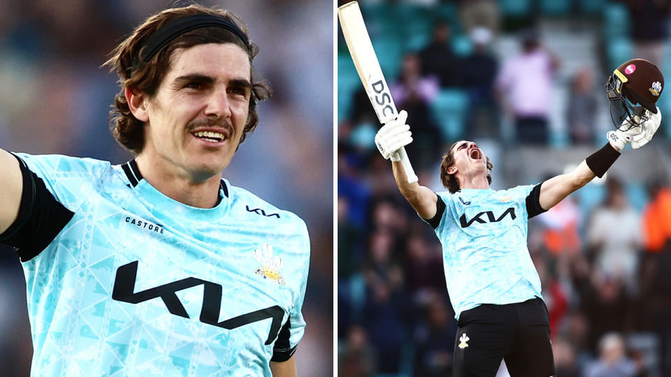 Sean Abbott celebrates his century in England's T20 Blast.