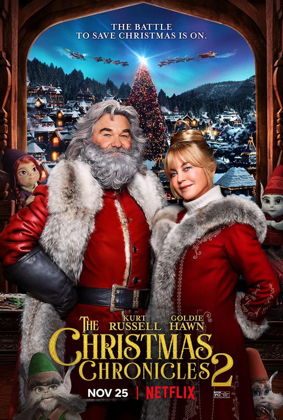 <p>The Clauses (played by better halves in real life <em>and</em> the North Pole, Kurt Russell and Goldie Hawn) are unexpectedly reunited with those kids who gave them so much trouble in the first <em>Christmas Chronicles</em> film when the holiday is threatened to be cancelled forever.</p><p><a class="link " href="https://www.netflix.com/title/80988988" rel="nofollow noopener" target="_blank" data-ylk="slk:Watch Now;elm:context_link;itc:0;sec:content-canvas">Watch Now</a></p>