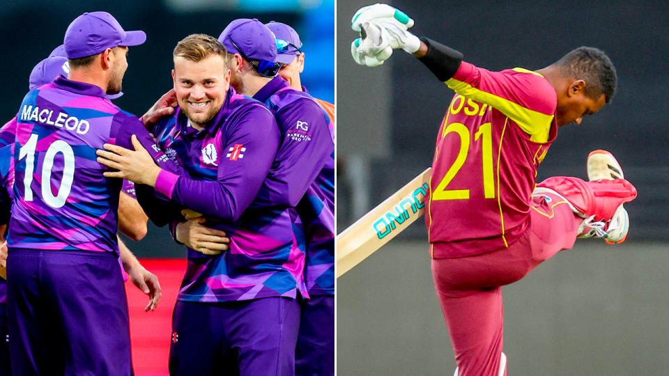 Pictured left, Scotland players celebrate their T20 World Cup win over the West Indies.