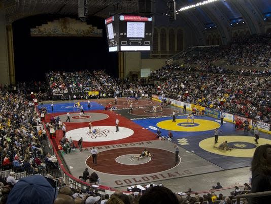 The mat setup for the NJSIAA Individual Wrestling Championships at Boardwalk Hall, Atlantic City.