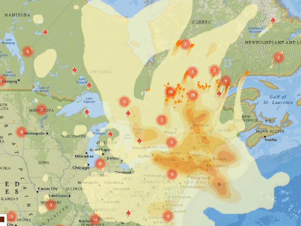 Firesmoke.ca, a partnership of the federal government and western provinces and territories, has a map showing forecasted PM2.5 smoke particles at ground level from wildfires. This is the concentration over the Ottawa area as of 8 a.m. Tuesday. (Firesmoke.ca - image credit)