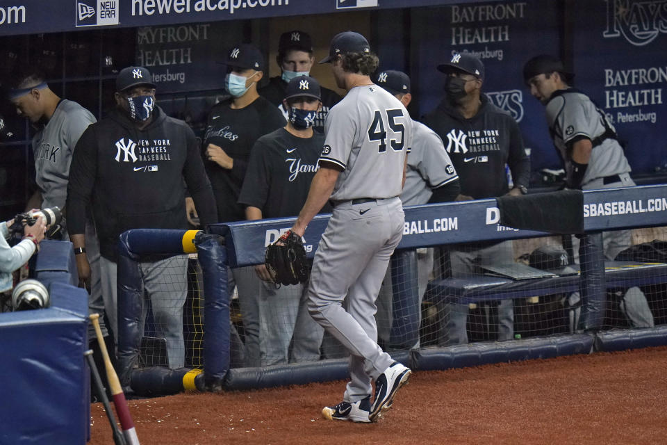 New York Yankees starting pitcher Gerrit Cole (45) walks off the field after retiring the Tampa Bay Rays during the eighth inning of a baseball game Wednesday, May 12, 2021, in St. Petersburg, Fla. (AP Photo/Chris O'Meara)