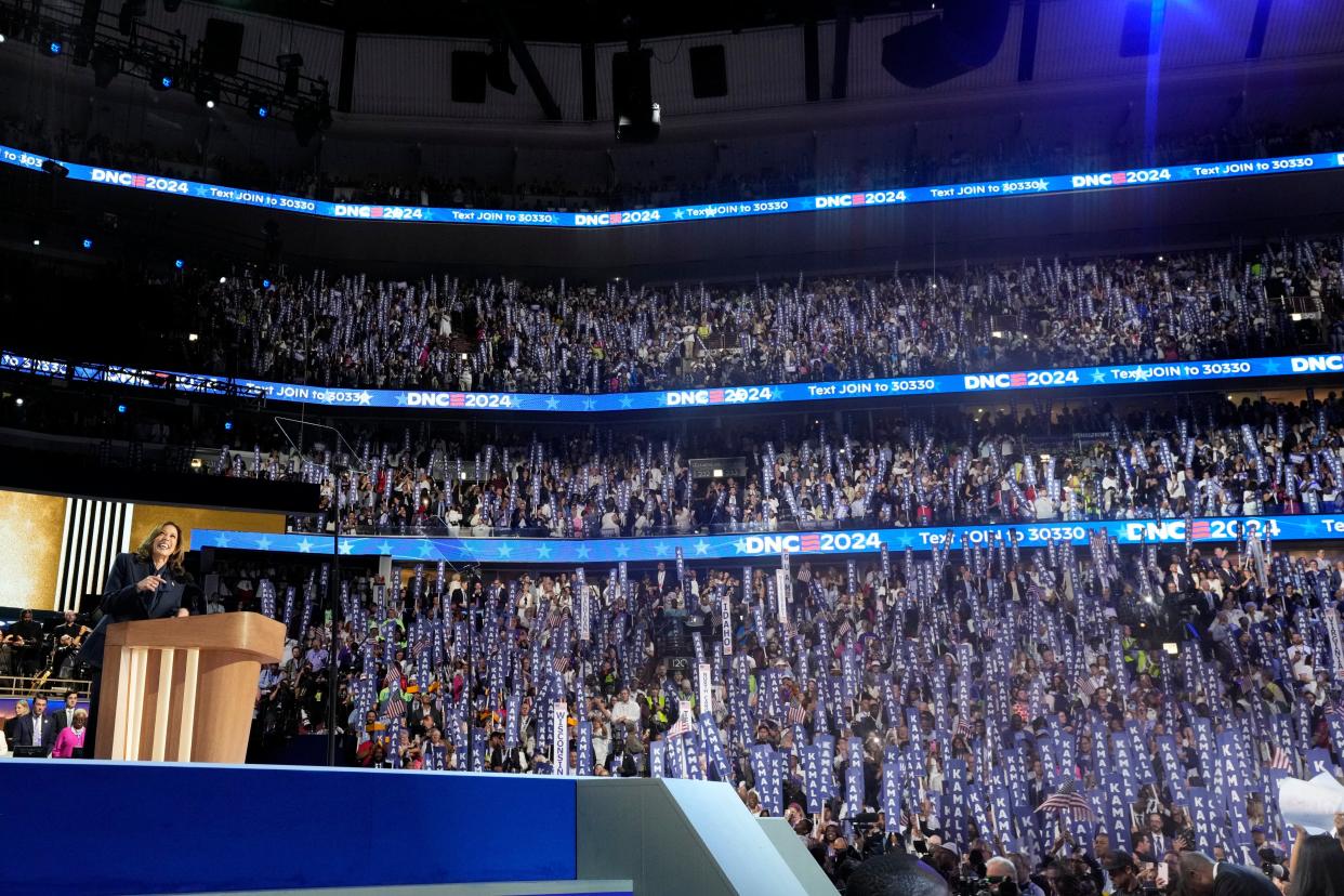 Democratic Presidential nominee Vice President Kamala Harris delivers her acceptance speech during the final day of the Democratic National Convention at the United Center.