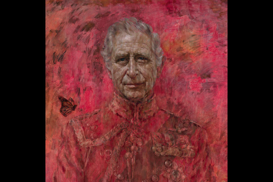 This undated photo issued on Tuesday May 14, 2024 by Buckingham Palace of artist Jonathan Yeo's oil on canvas portrait of Britain's King Charles III. The portrait was commissioned in 2020 to celebrate the then Prince of Wales's 50 years as a member of The Drapers' Company in 2022. The artwork depicts the King wearing the uniform of the Welsh Guards, of which he was made Regimental Colonel in 1975. The canvas size - approximately 8.5 by 6.5 feet when framed - was carefully considered to fit within the architecture of Drapers' Hall and the context of the paintings it will eventually hang alongside. Jonathan Yeo had four sittings with the King, beginning when he was Prince of Wales in June 2021 at Highgrove, and later at Clarence House. The last sitting took place in November 2023 at Clarence House. Yeo also worked from drawings and photography he took, allowing him to work on the portrait in his London studio between sittings. (His Majesty King Charles III by Jonathan Yeo 2024 via PA)