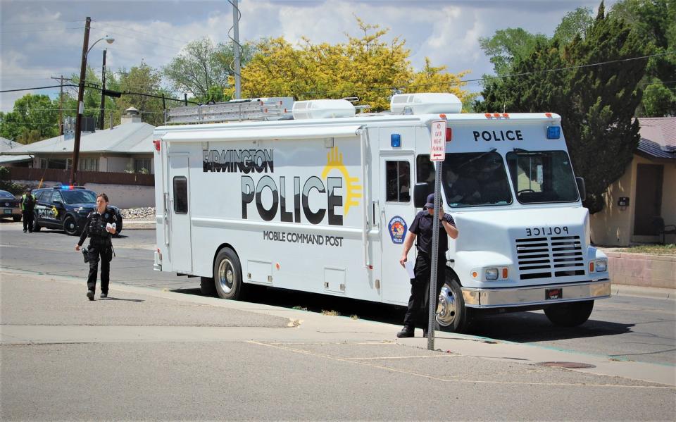 A Farmington Police Department mobile command unit is parked at Boundless Adventures Park on May 15 after a mass shooting took place in a nearby neighborhood.