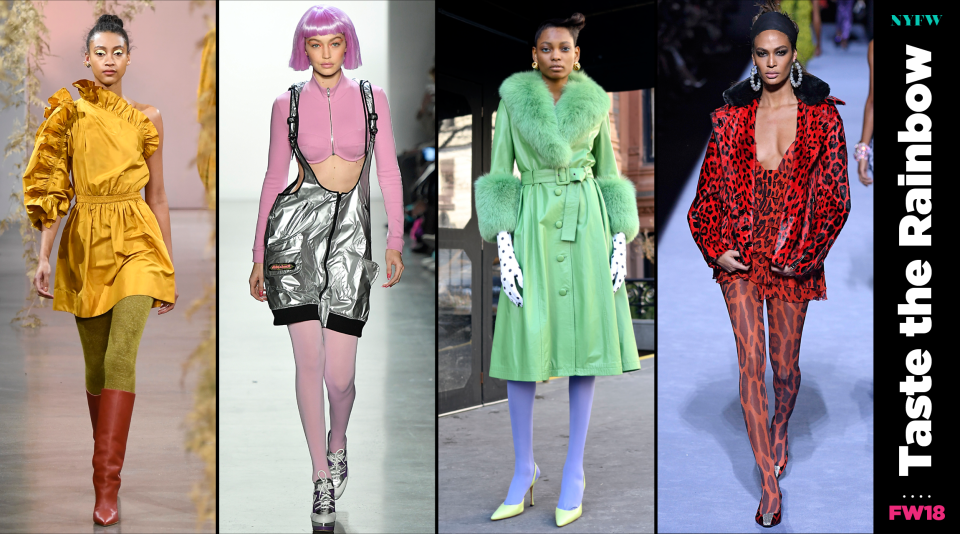 At NYFW, colored hosiery is a big trend for fall. (Photo: Getty/Art: Quinn Lemmers)
