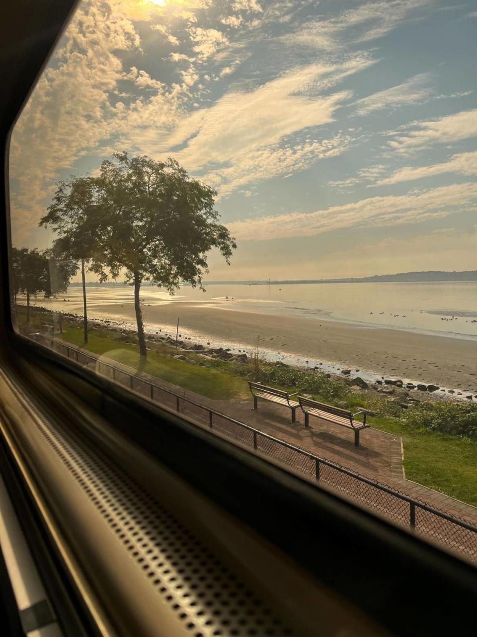 Amtrak’s Cascade train passes White Rock, B.C., as passenger service from Seattle to Vancouver, B.C., is offered for the first time since March 2020 on Monday, Sept. 26.
