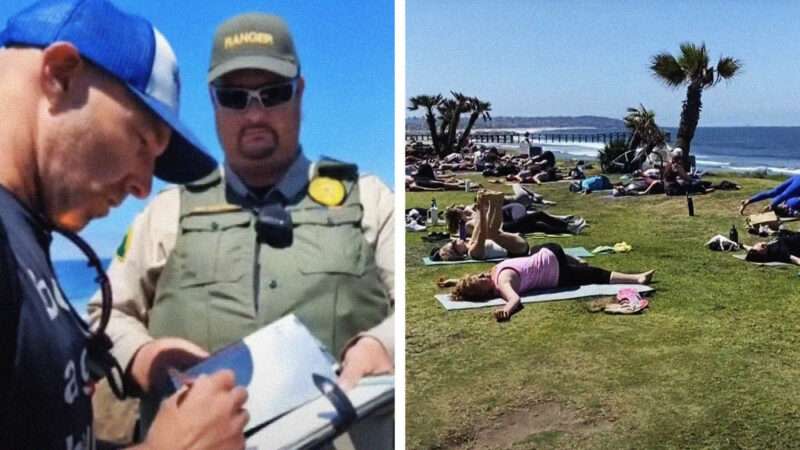 A park ranger gives a ticket to a yoga instructor in San Diego