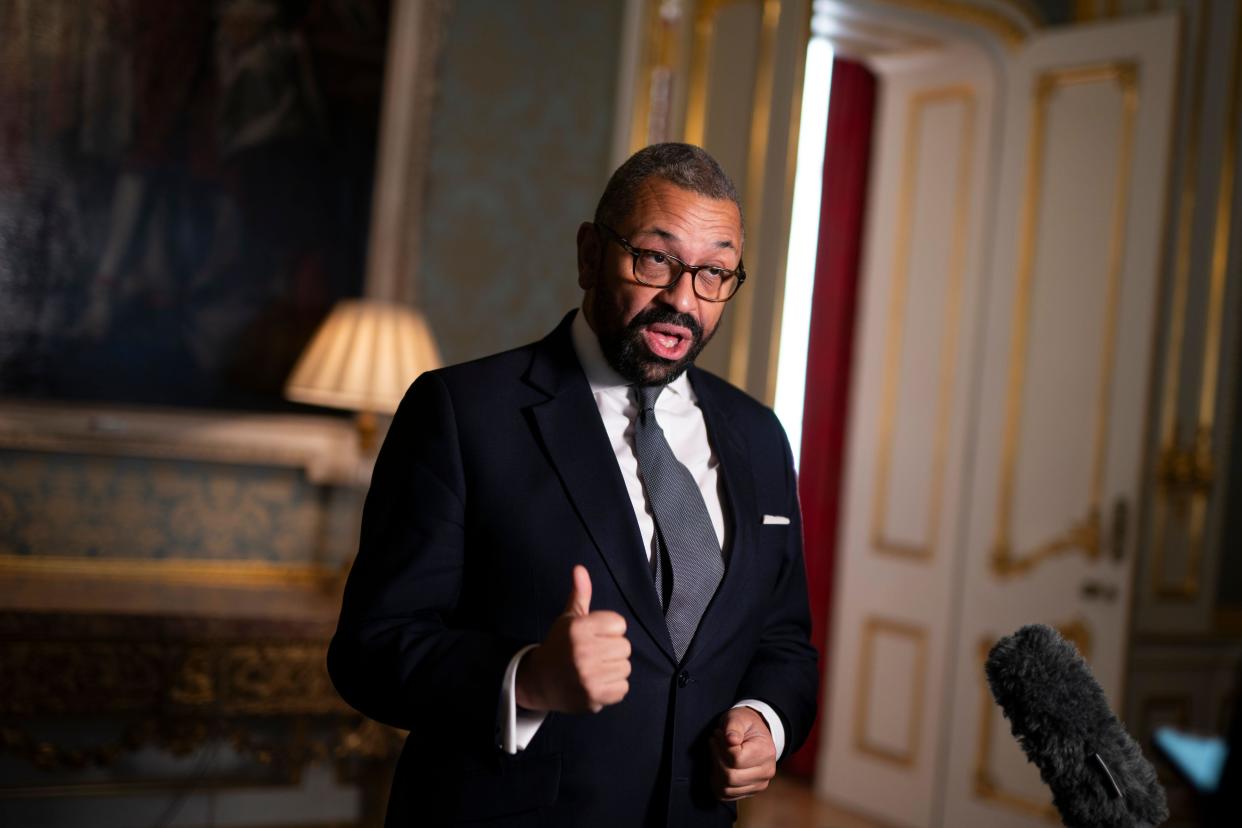 Home Secretary James Cleverly during an event to mark the agreement of the Online Fraud Charter, which is a collective agreement to take action to prevent fraud happening online, at Lancaster House in London. Picture date: Thursday November 30, 2023.