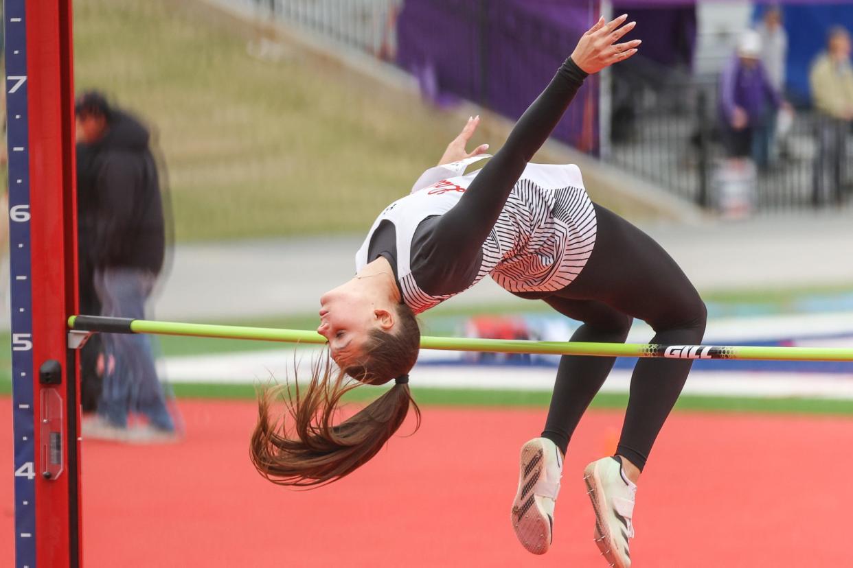 Lubbock Cooper's Brently Preston competes in the high jump at the Region I-5A track and field meet, Friday, April 19, 2024, at Lowrey Field.