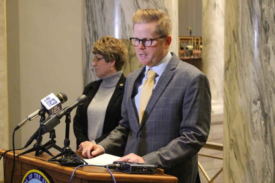 Senate President Pro Tem Caleb Rowden, a Columbia Republican, speaks to reporters at the Missouri State Capitol in Jefferson City on Jan. 5, 2023.