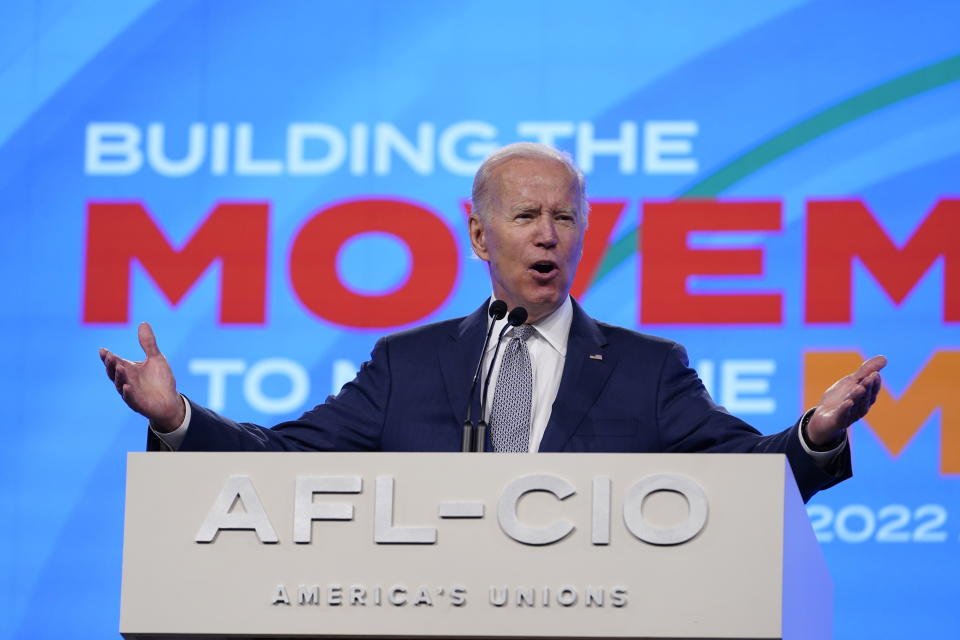 President Joe Biden addresses the AFL-CIO convention, Tuesday, June 14, 2022, in Philadelphia. (AP Photo/Susan Walsh)