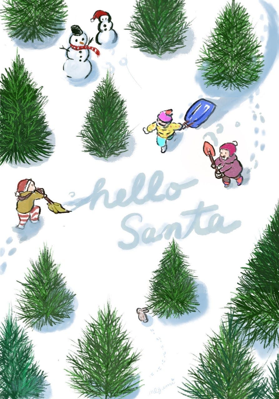 Santa looks down from his sleigh in Megumi Kibi's artwork.