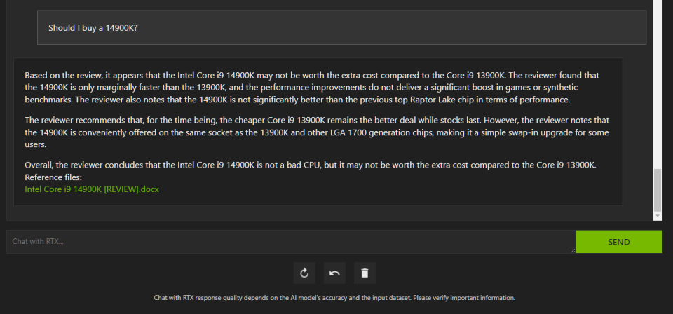 Nvidia's Chat with RTX software in use, which offers a personally trained LLM.