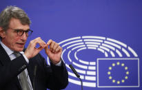 European Parliament President David Sassoli talks during a news conference following the recovery financial plan deal at the EU leaders summit, at the European Parliament in Brussels, Wednesday, July 22, 2020. After four days and nights of wrangling, exhausted European Union leaders finally clinched a deal on an unprecedented 1.8 trillion-euro (dollars 2.1 trillion) budget and coronavirus recovery fund early Tuesday, after one of their longest summits ever. (Francois Lenoir, Pool Photo via AP)