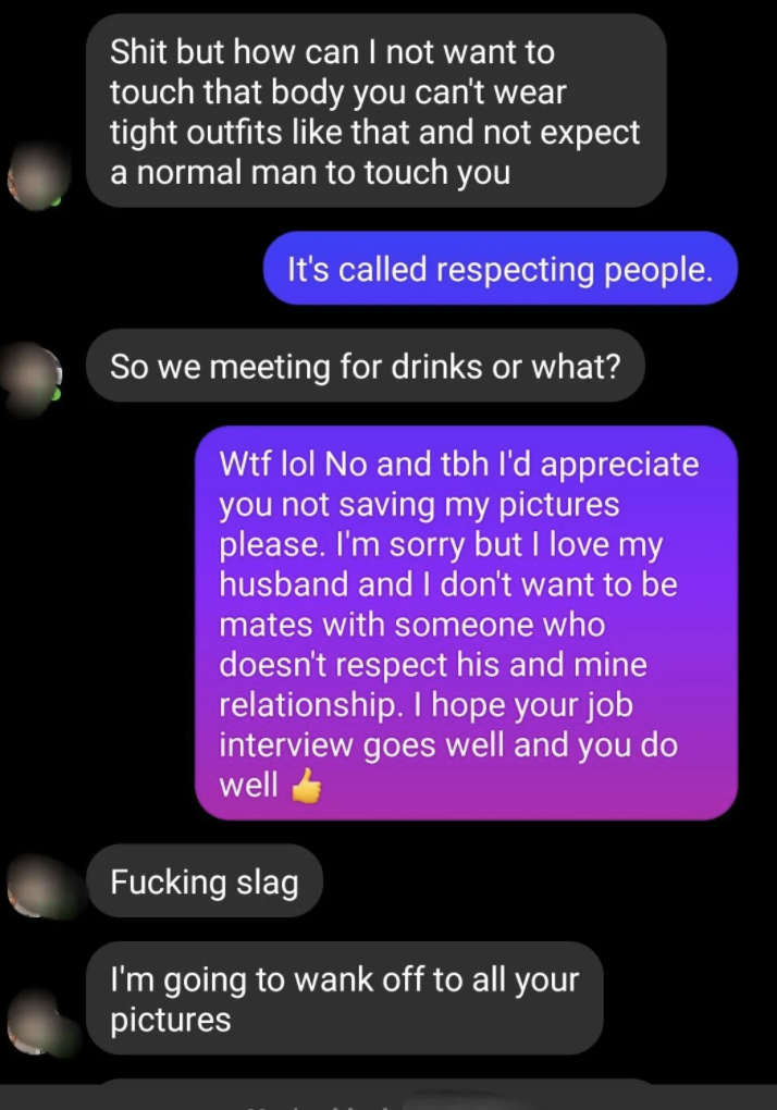 Text from man calling woman "fucking slag. I'm going to wank off to all your pictures."