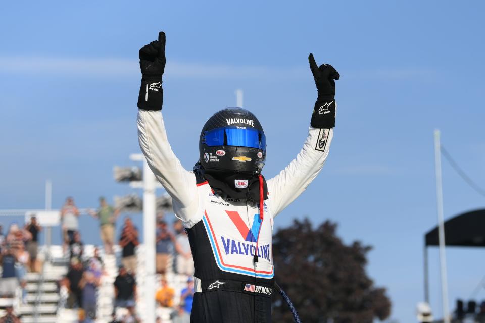 William Byron celebrates his victory in the Go Bowling at The Glen, Sunday at Watkins Glen International.
