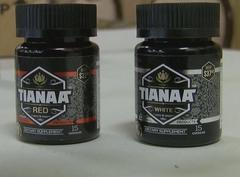 Two bottles of tianeptine pills sold under the Tianaa brand, both labeled "dietary supplement," sit on a white countertop.