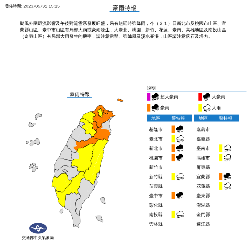 11縣市豪大雨特報。（圖／翻攝自中央氣象局官網）