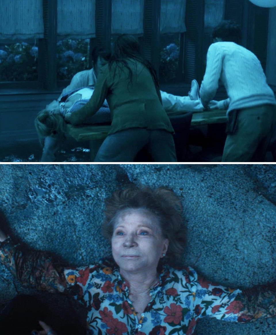 Two scenes from Agatha All Along, Episode 3. One shows Sharon lying on a table while the other shows Sharon now lying dead on the floor