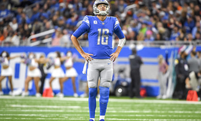 Detroit Lions quarterback Jared Goff on the field.