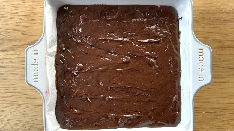 Brownie batter in baking dsh