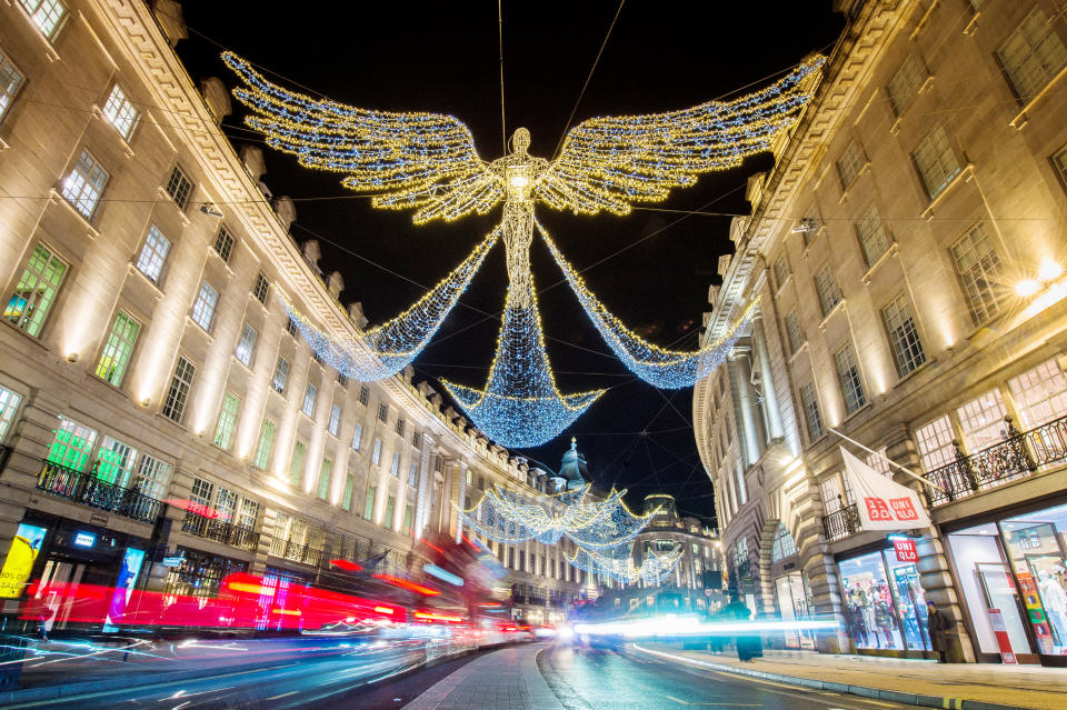 LONDON, ENGLAND - DECEMBER 04:  Christmas lights called 'The Spirit of Christmas' lilluminate Regent Street on December 4, 2020 in London, England. Many Christmas events have been cancelled this year due to the Coronavirus Pandemic but London is festooned with Christmas Lights across the capital.  (Photo by Joseph Okpako/Getty Images)