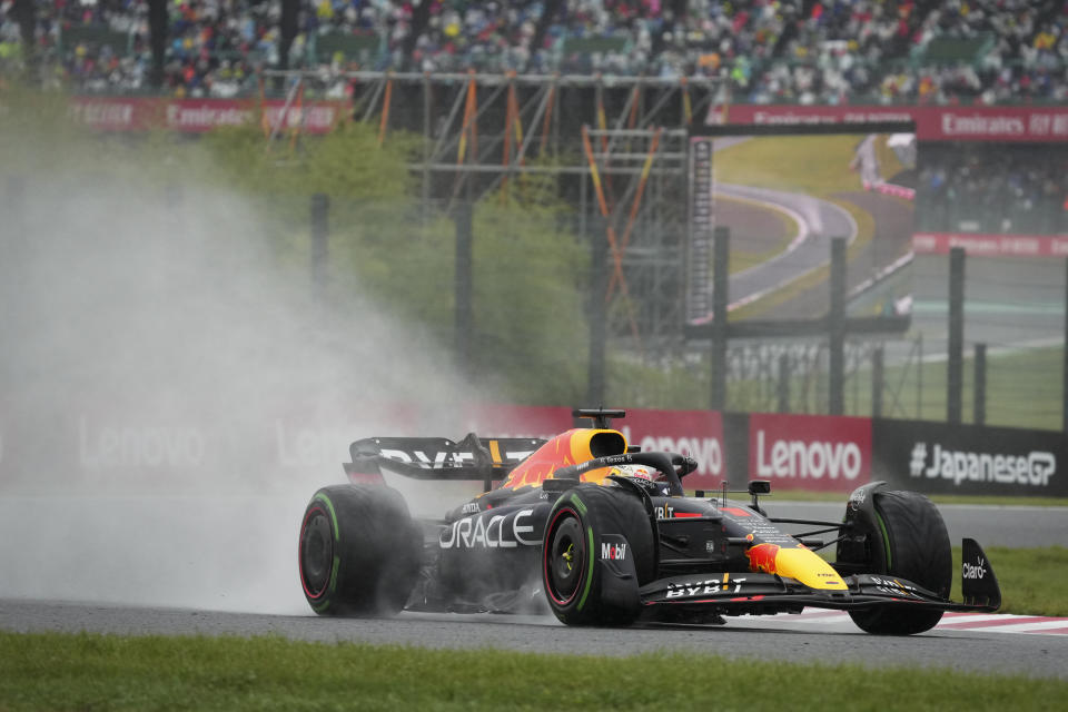 Red Bull driver Max Verstappen of the Netherlands powers his car during first practice session for the Japanese Formula One Grand Prix at the Suzuka Circuit in Suzuka, central Japan, Friday, Oct. 7, 2022. (AP Photo/Toru Hanai)