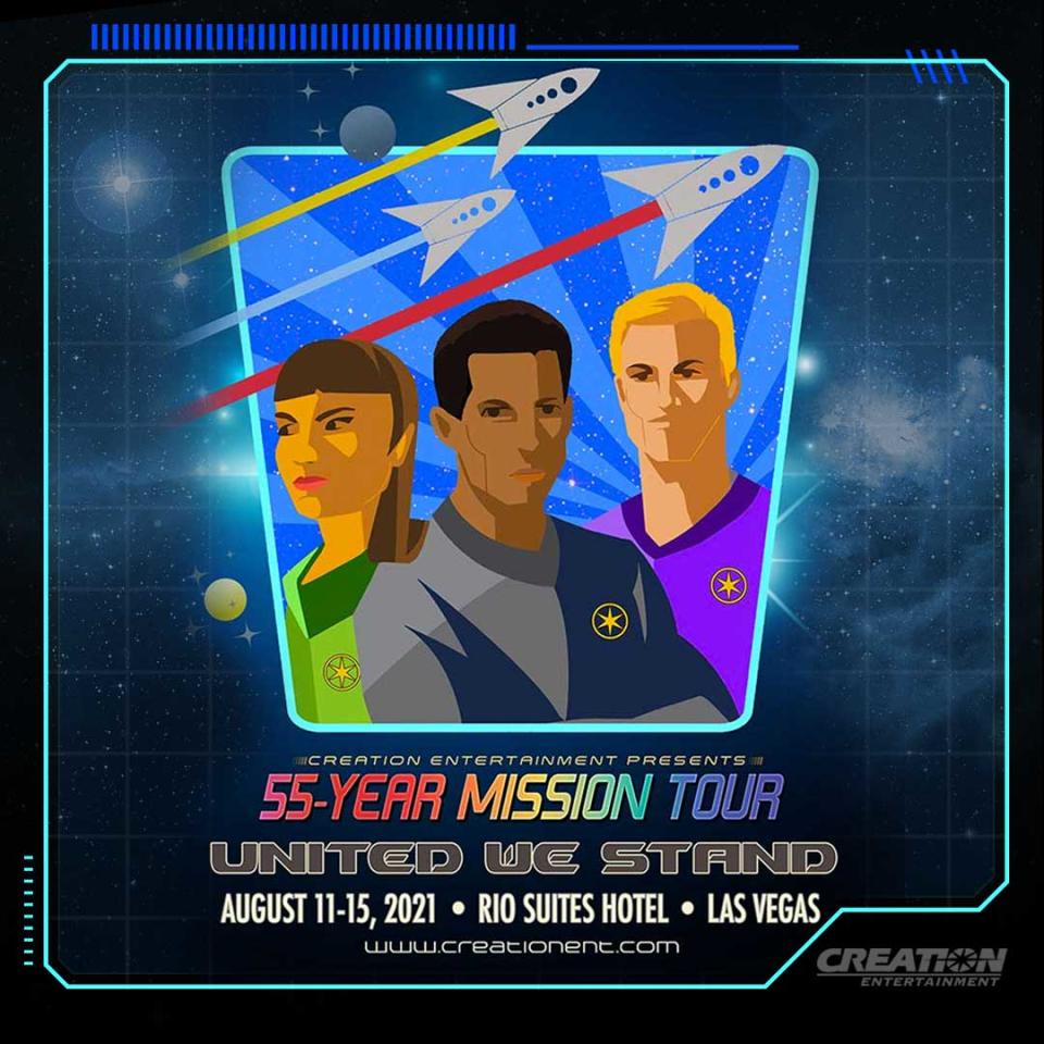 Key art for Creation Entertainment's Star Trek convention depicting three illustrated people in Starfleet uniforms