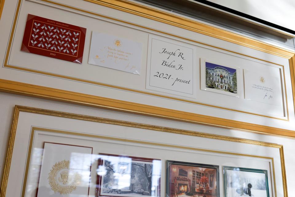 Biden family Christmas cards on display at the White House