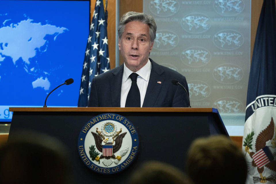 Secretary of State Antony Blinken speaks to reporters at the State Department in Washington, Monday, July 17, 2023. (AP Photo/Manuel Balce Ceneta)