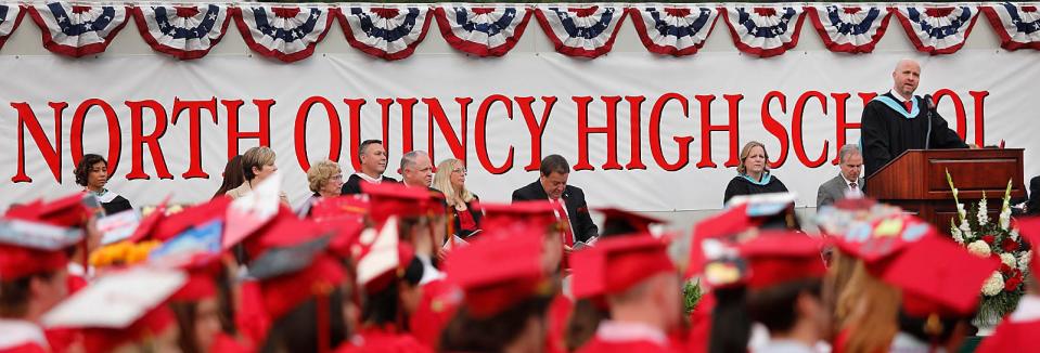 Mayor Thomas P. Koch, North Quincy High School class of '81, addresses graduates on Tuesday June 6, 2023