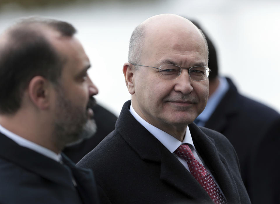 Iraq's President Barham Salih looks around during a welcome ceremony before a meeting with Turkey's President Recep Tayyip Erdogan, in Ankara, Turkey, Thursday, Jan. 3, 2019. The two expected to discus bilateral and regional issues, including Syria.(AP Photo/Burhan Ozbilici)